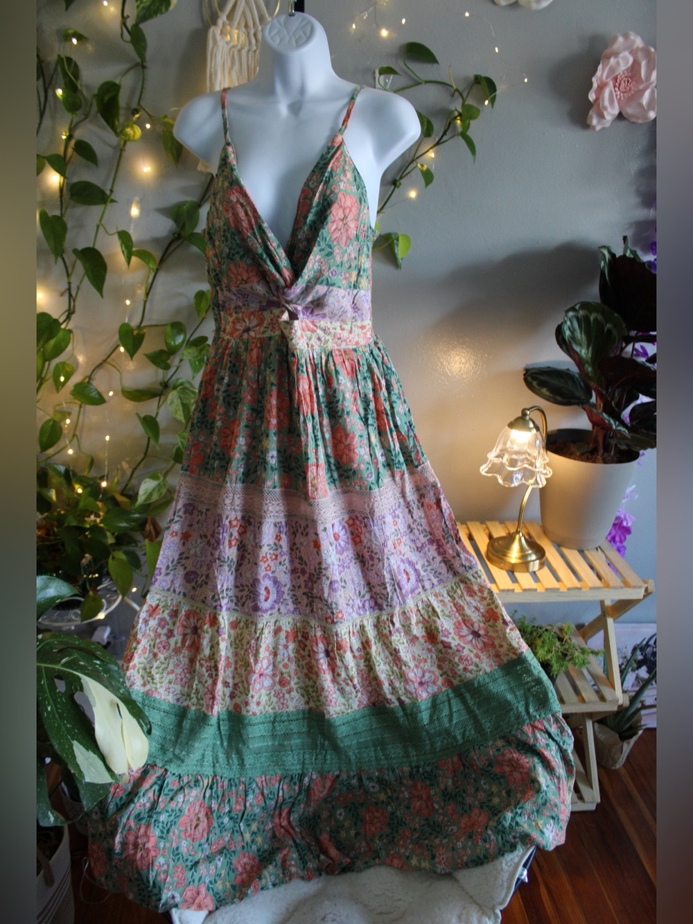 Angie Floral Tiered Maxi Dress in Green, Coral & Lavender